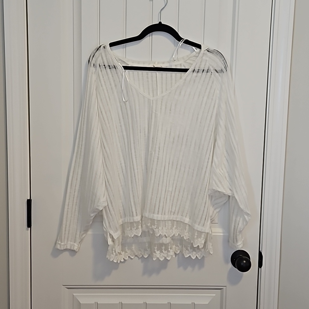 Sheer White Shirt Or Bathing Suit Cover  Up With Lace Detailing Size L